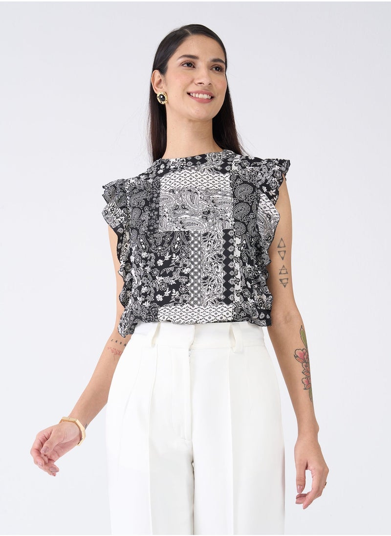 Salt Attire Stylish Black and White Paisley Pattern Top with Elegant Round Neckline, Ruffle Detail, Pleated Seam Detail, and Back Neck Closure â€“ Perfect for Chic Everyday Style  - Image 5