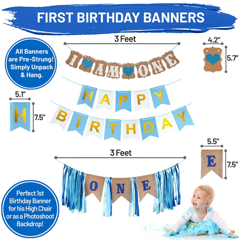 حزمة زينة عيد الميلاد الأول من PartyHooman للأولاد مع لافتة صور عيد الميلاد الأول وخلفية تاج عيد الميلاد الأول ولافتة ومستلزمات كرسي مرتفع.. | طفل رضيع زينة عيد الميلاد الأول صبي - Image 2