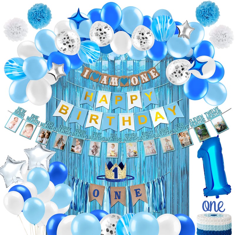 حزمة زينة عيد الميلاد الأول من PartyHooman للأولاد مع لافتة صور عيد الميلاد الأول وخلفية تاج عيد الميلاد الأول ولافتة ومستلزمات كرسي مرتفع.. | طفل رضيع زينة عيد الميلاد الأول صبي - Image 1