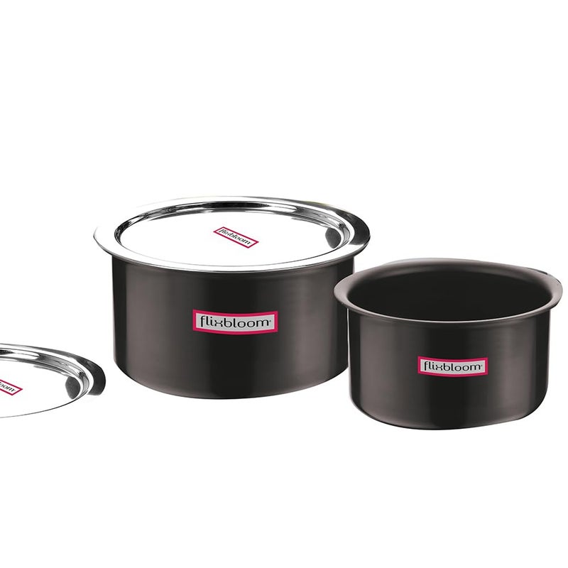Flixbloom Ebon Black Combo 3 Litre 6 Litre Hard Anodised Induction Bottom LPG Gas Stovetop Friendly Kitchen Deep Cooking Cookware with Lid TopePatilaBhagona Cook with Serve - Image 1