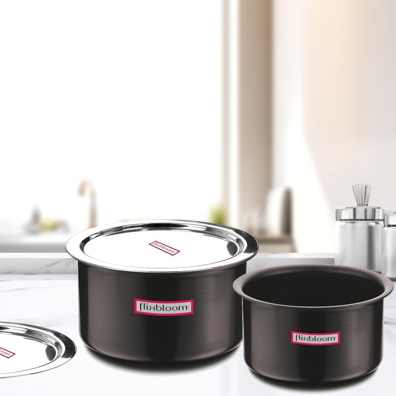 Flixbloom Ebon Black Combo 3 Litre 6 Litre Hard Anodised Induction Bottom LPG Gas Stovetop Friendly Kitchen Deep Cooking Cookware with Lid TopePatilaBhagona Cook with Serve - Image 2