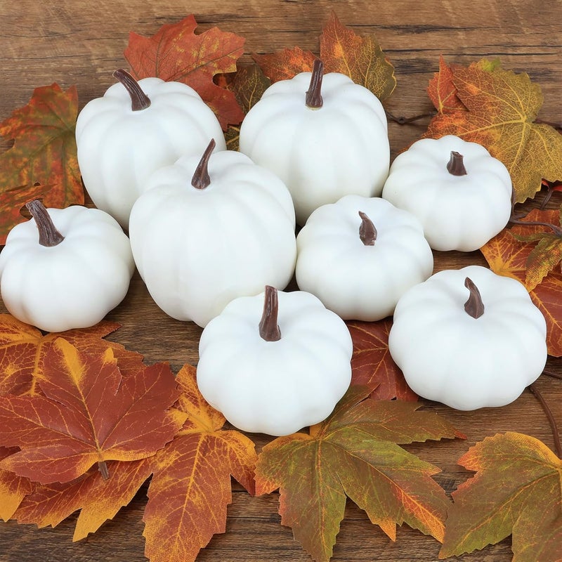 Ghrdopy Fake Pumpkins, 8 Pcs White Artificial Pumpkins, Plastic Pumpkins for Thanksgiving Party Table Centerpiece Autumn Home Decoration-A - Image 5