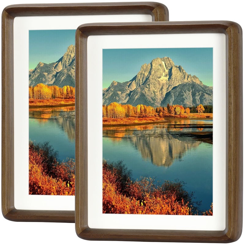 HELPLEX 5x7 Picture Frame Set of 2  Display Picture 4x6 with Mat or 5x7 Without Mat  Made of Natural Walnut Wood  HD Tempered Glass  Vertical or Horizontal Display for Tabletop and Wall - Image 1