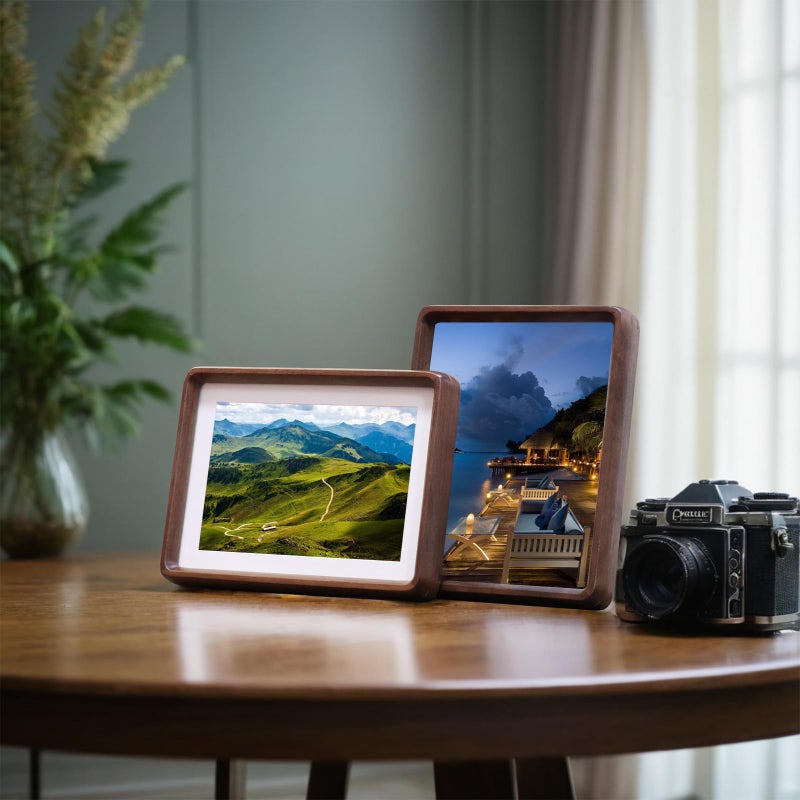 HELPLEX 5x7 Picture Frame Set of 2  Display Picture 4x6 with Mat or 5x7 Without Mat  Made of Natural Walnut Wood  HD Tempered Glass  Vertical or Horizontal Display for Tabletop and Wall - Image 5