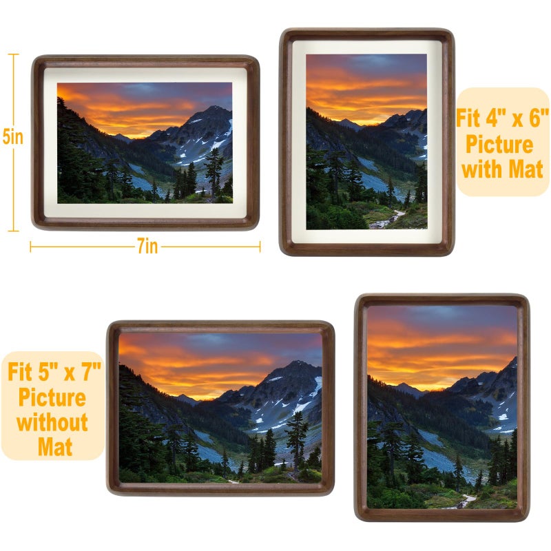 HELPLEX 5x7 Picture Frame Set of 2  Display Picture 4x6 with Mat or 5x7 Without Mat  Made of Natural Walnut Wood  HD Tempered Glass  Vertical or Horizontal Display for Tabletop and Wall - Image 2