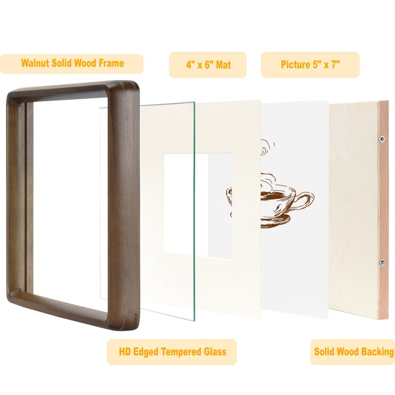 HELPLEX 5x7 Picture Frame Set of 2  Display Picture 4x6 with Mat or 5x7 Without Mat  Made of Natural Walnut Wood  HD Tempered Glass  Vertical or Horizontal Display for Tabletop and Wall - Image 3