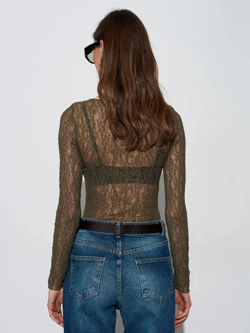 Dilvin DILVIN Slim Fit Lace Boat Neck Blouse