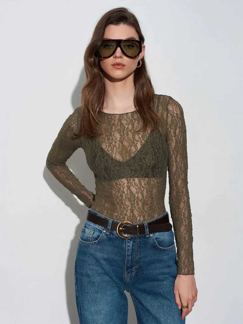 Dilvin DILVIN Slim Fit Lace Boat Neck Blouse