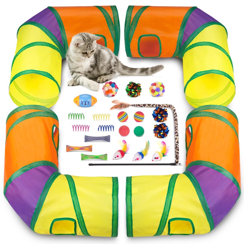 Retro Shaw 25Pcs Cat Toys, Extra Large Tunnels with Cats Toys, Ideal Indoor Interactive Kitten Toys, Kitty Tube Tent Feather Wand Teaser Balls Bell Crinkle Fuzzy Springs Mouse - Image 1