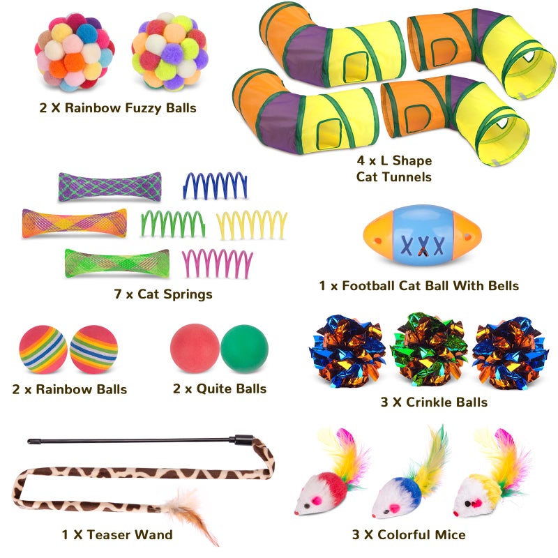 Retro Shaw 25Pcs Cat Toys, Extra Large Tunnels with Cats Toys, Ideal Indoor Interactive Kitten Toys, Kitty Tube Tent Feather Wand Teaser Balls Bell Crinkle Fuzzy Springs Mouse - Image 3