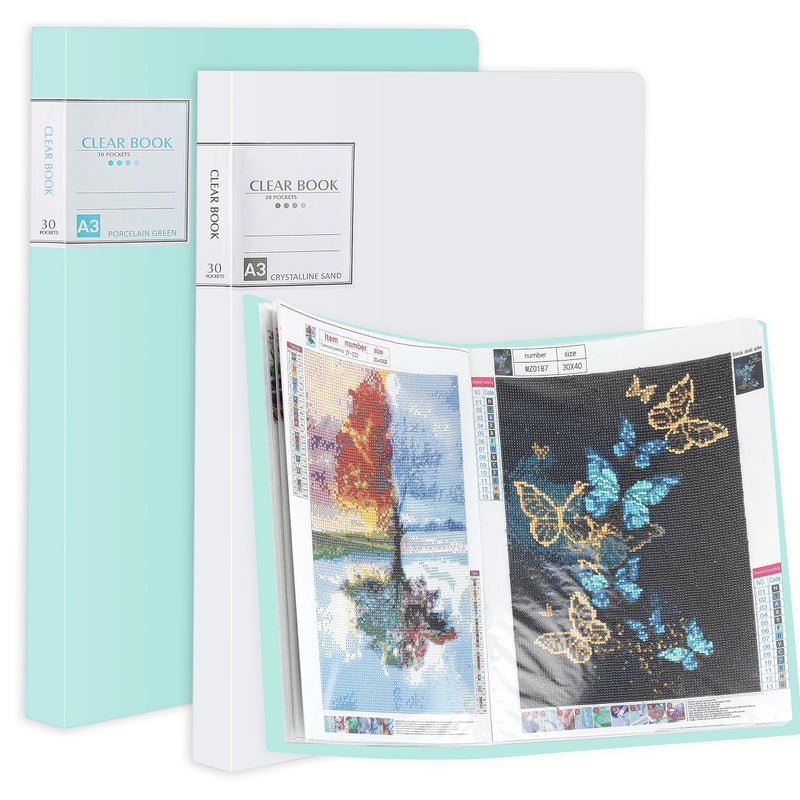 2 Packs A3 Diamond Painting Storage Book Large 30x40 Diamond Art Storage Presentation Book with 60 Pags Diamond Painting Art Portfolio Folder Clear Pockets Artwork Storage Photo Album Refill Pag