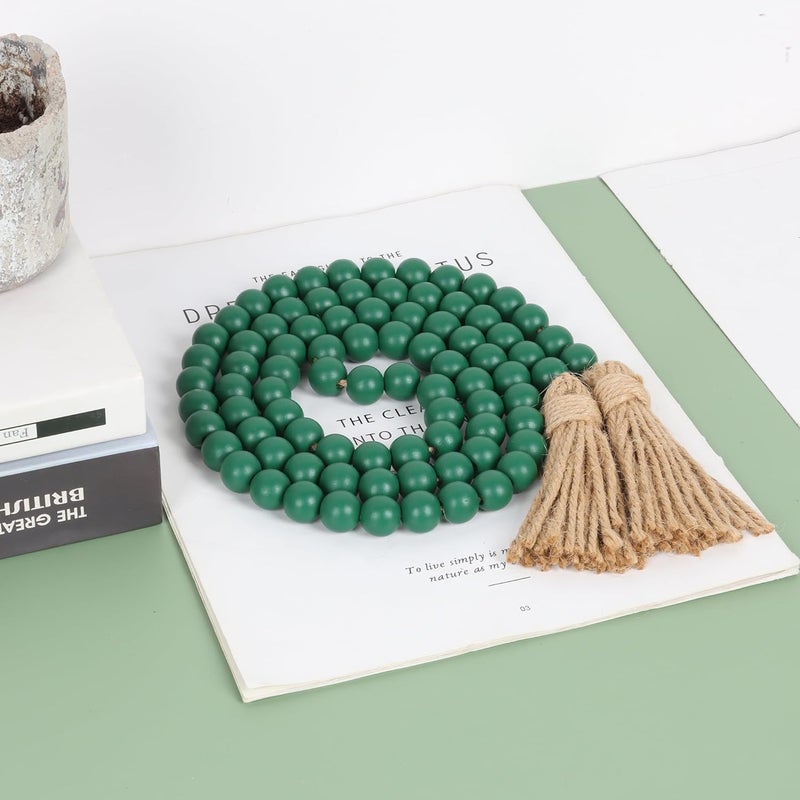 RAMIRABI 58in Wood Bead Garland with Tassels, Farmhouse Rustic Country Decor Prayer Boho Wall Hanging Decoration (Deep Green) - Image 2