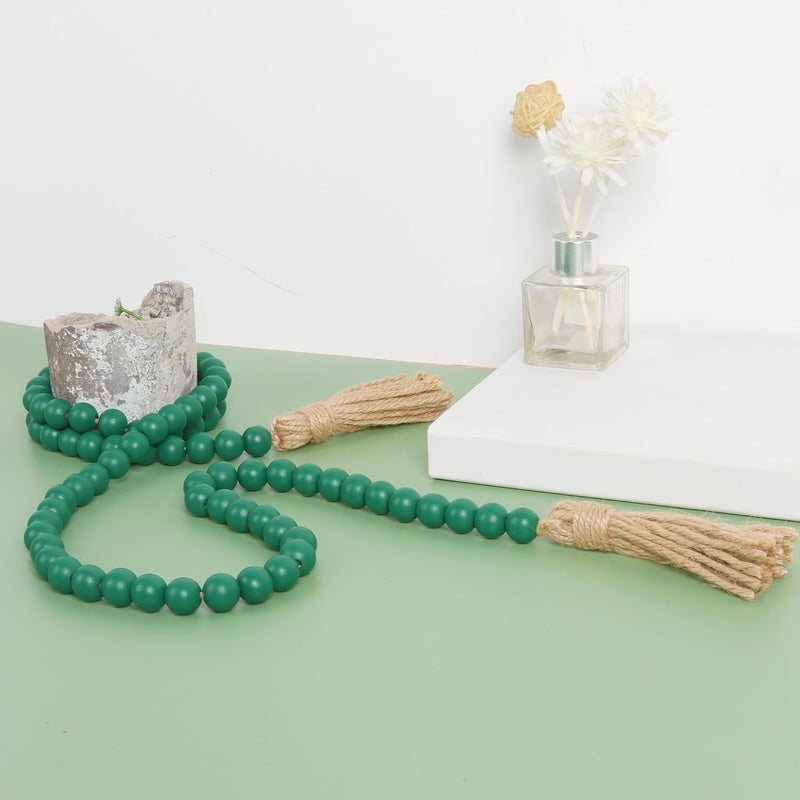 RAMIRABI 58in Wood Bead Garland with Tassels, Farmhouse Rustic Country Decor Prayer Boho Wall Hanging Decoration (Deep Green) - Image 4