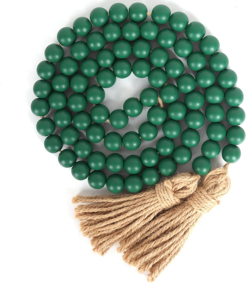 RAMIRABI 58in Wood Bead Garland with Tassels, Farmhouse Rustic Country Decor Prayer Boho Wall Hanging Decoration (Deep Green) - Image 1