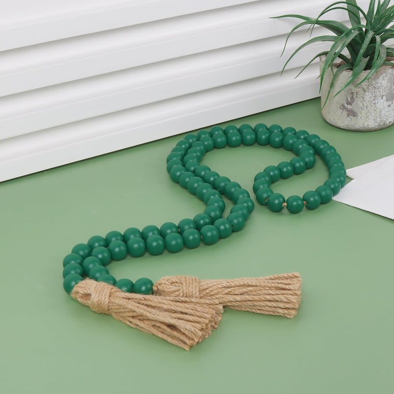 RAMIRABI 58in Wood Bead Garland with Tassels, Farmhouse Rustic Country Decor Prayer Boho Wall Hanging Decoration (Deep Green) - Image 3