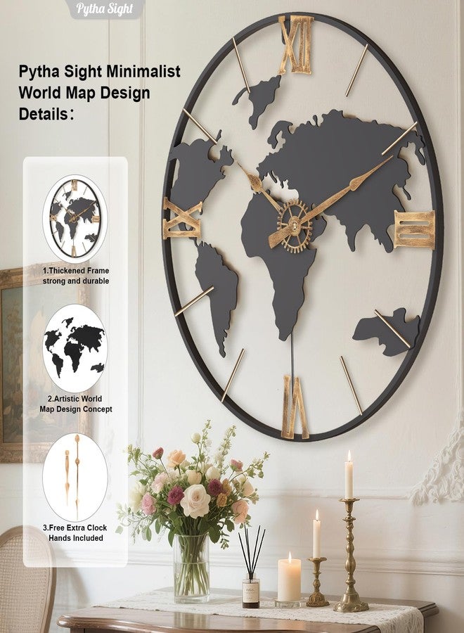 Pytha Sight 24 Inch Large Wall Clock,Modern Decorative Big World Map with Vintage Gold Roman Numeral Extra Giant Metal Oversized Wall Clocks for Living Room,Office,Kitchen,Dining Room,Bedroom - Image 2
