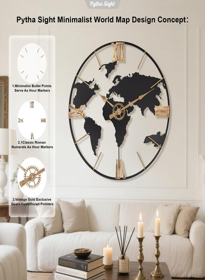 Pytha Sight 24 Inch Large Wall Clock,Modern Decorative Big World Map with Vintage Gold Roman Numeral Extra Giant Metal Oversized Wall Clocks for Living Room,Office,Kitchen,Dining Room,Bedroom - Image 3