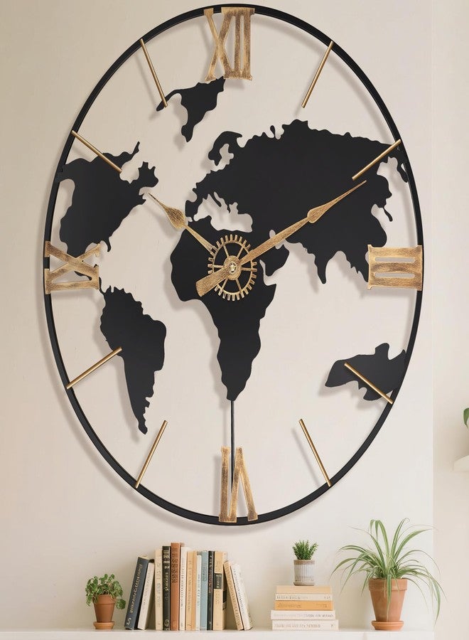 Pytha Sight 24 Inch Large Wall Clock,Modern Decorative Big World Map with Vintage Gold Roman Numeral Extra Giant Metal Oversized Wall Clocks for Living Room,Office,Kitchen,Dining Room,Bedroom - Image 1
