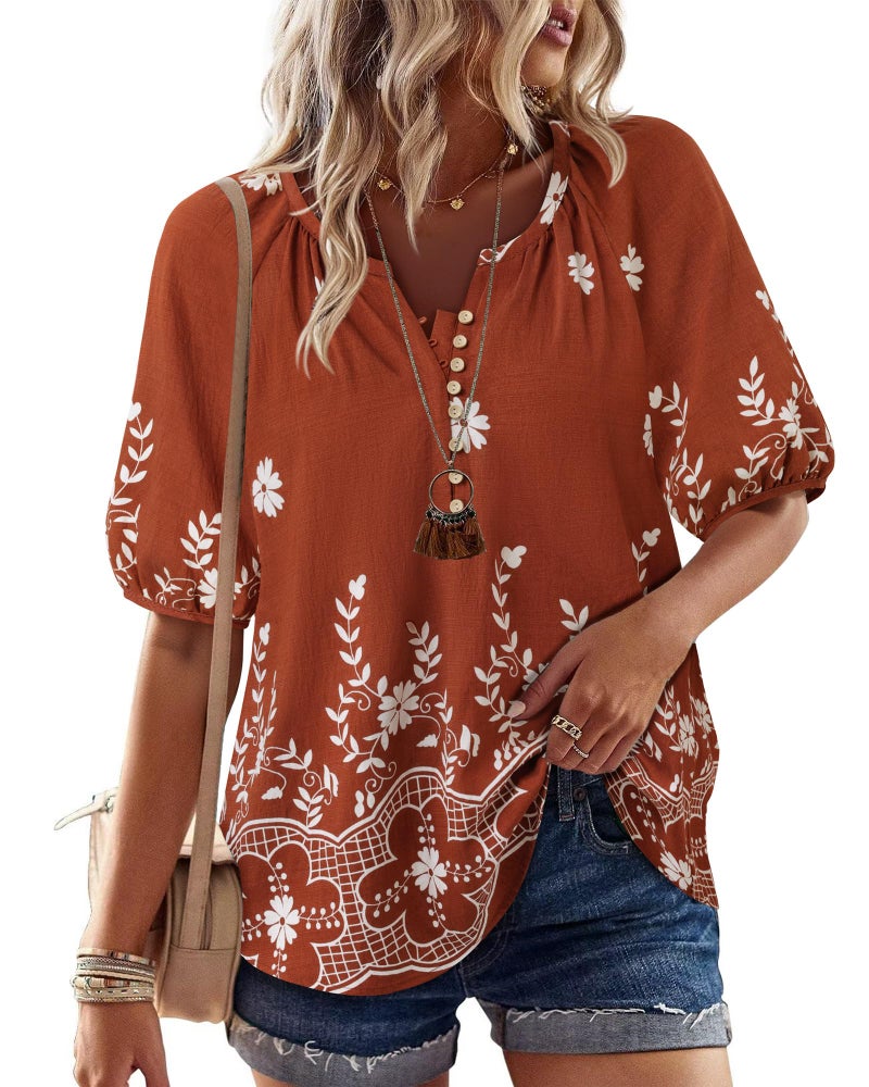 Unixseque Womens Summer Tops V Neck Short Sleeve Blouses Casual Button Down Shirts Floral Boho Clothing Trendy 2025 Rusty Red L - Image 2