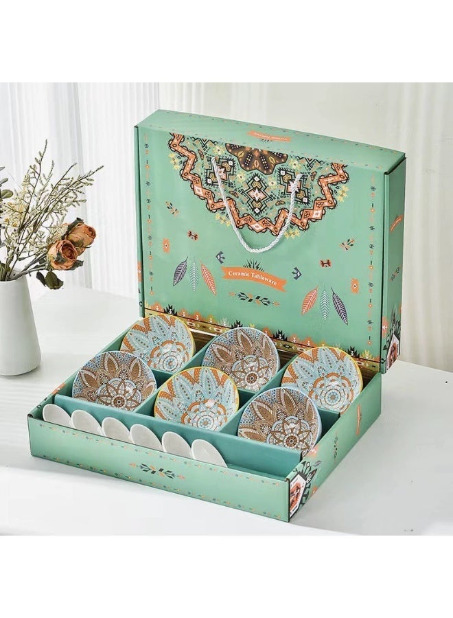 6 Pcs Dinnerware Set Japanese Bohemian style Design Luxury High End Elegant Perfect Gift Set with Gorgeous Design and Original Colorful Flowers - Image 1