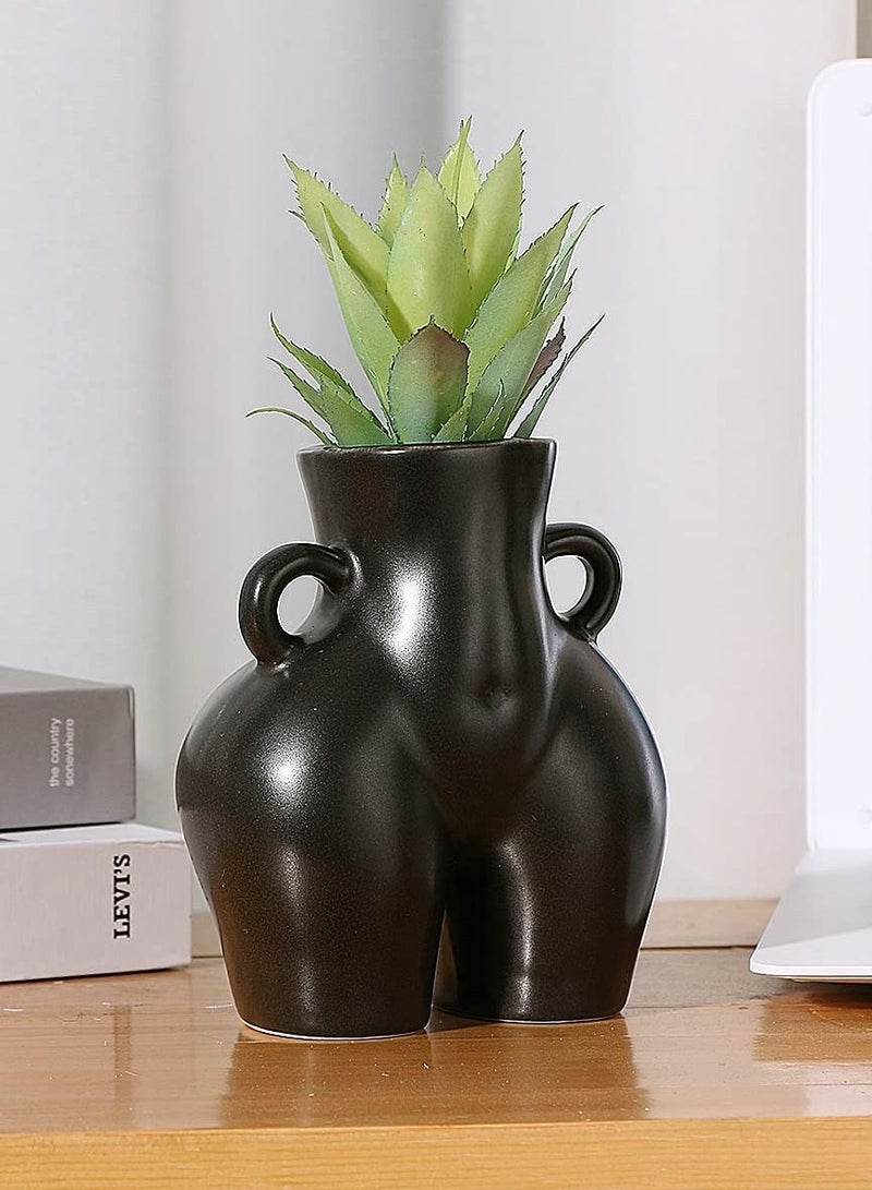 Excefore  vase دُبُر للأزهار - شكل أنثوي فني جسد مزهرية سيراميكية لتزيين المنزل، 5.5 بوصة، أسود غير لامع  - Image 2