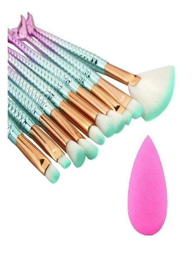Datnasayad Women's & Girl's Mermaid Makeup Brushes Set with One Pink Beauty Blender - (Pack of 10) - Image 1