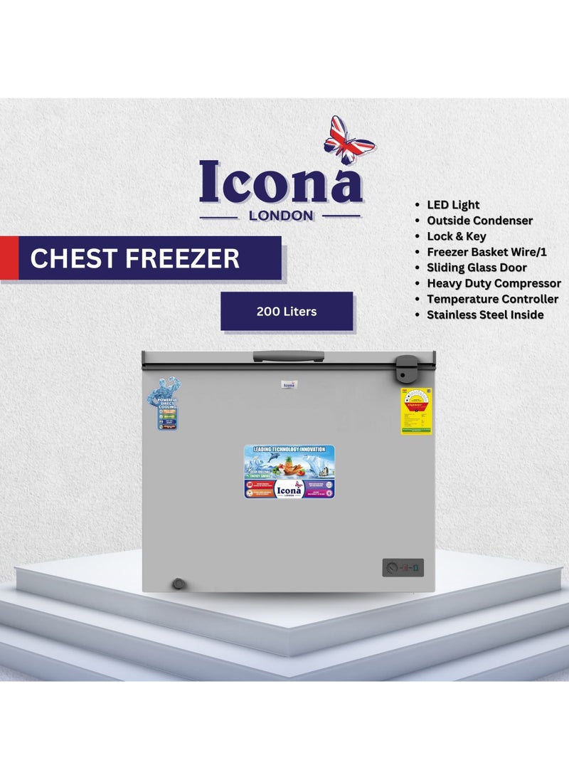 أيكونا فريزر أفقي Icona سعة 200 لتر – ديب فريزر بباب زجاجي منزلق مع قفل ومفتاح، وإضاءة LED، والتحكم في درجة الحرارة، وجزء داخلي من الفولاذ المقاوم للصدأ – موديل ILCF-225H  - Image 2