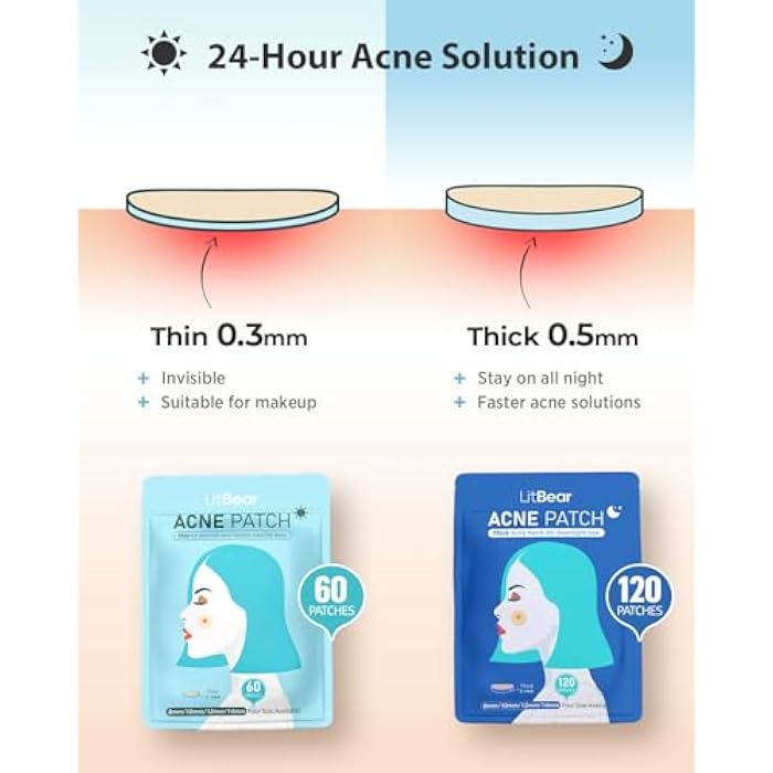 LitBear Acne Pimple Patches- Day and Night 4 Sizes 180 Dots Thin & Thick Hydrocolloid Patches with Witch Hazel, Tea Tree & Calendula Oil, Extra Adhesion for Face Zit Patch Dots - Image 2