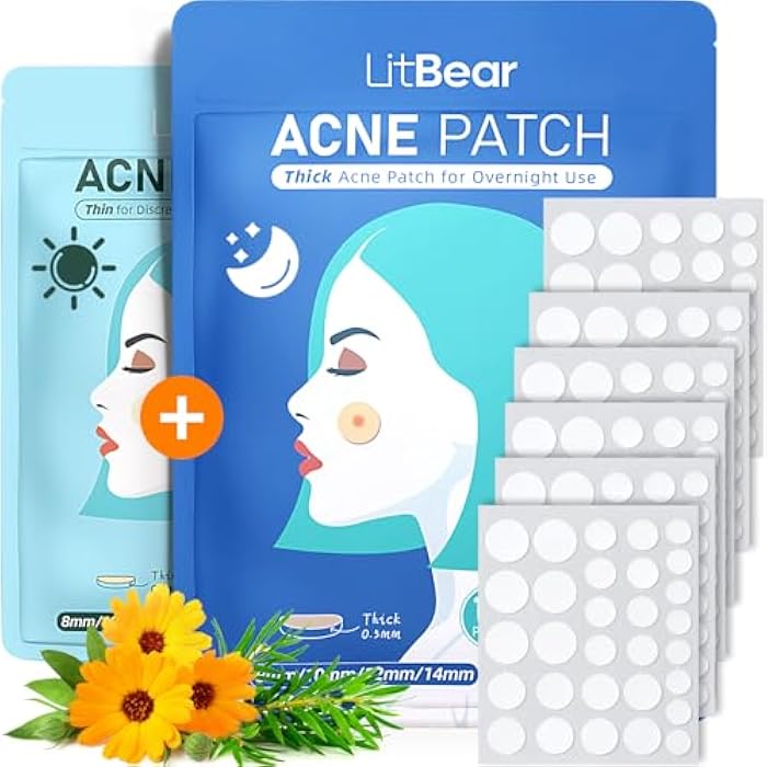 LitBear Acne Pimple Patches- Day and Night 4 Sizes 180 Dots Thin & Thick Hydrocolloid Patches with Witch Hazel, Tea Tree & Calendula Oil, Extra Adhesion for Face Zit Patch Dots - Image 1