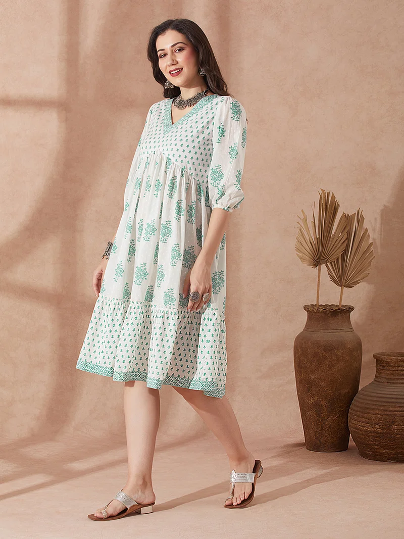 globus Globus Women Green Ethnic Floral Print V-Neck Puff Sleeves Flared Hem Tiered A-Line Fusion Dress
