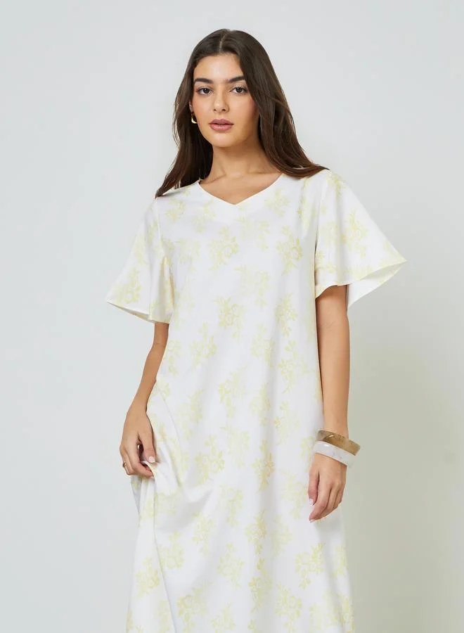 تايك تو Beige Floral Print Short Sleeves Shift Maxi Dress