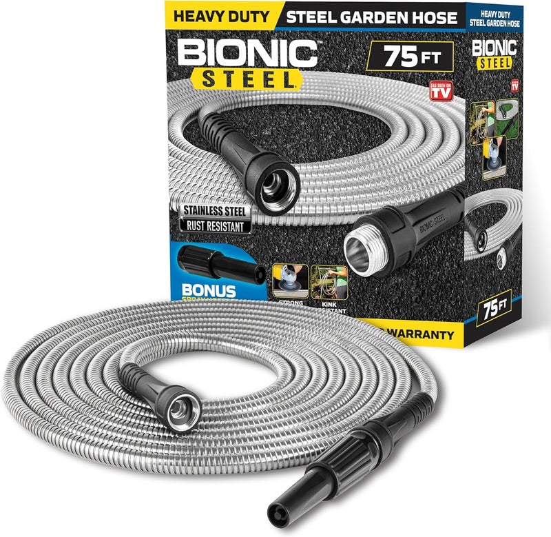 BIONIC STEEL 75 Ft Garden Hose with Nozzle, Premium 304 Stainless Steel Metal Water Hose 75Ft, Flexible, Rust Proof, Lightweight, Heavy Duty, Crush Resistant Fittings, Easy Coil, 500 PSI, 2025 Model - Image 1