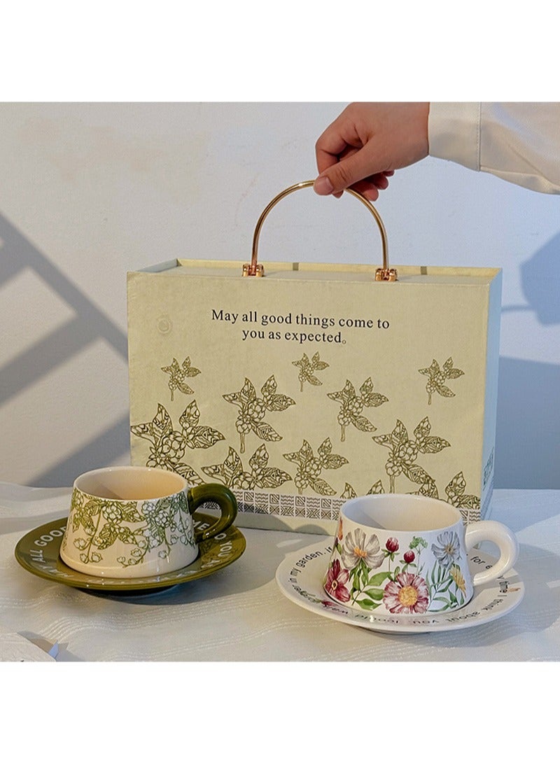 ايكانبو مجموعة علب هدايا مكونة من قطعتين من فناجين القهوة والصحن من السيراميك، تصميم زهور عتيقة، مثالية لمحبي الإسبريسو أو الشاي أو القهوة، علبة هدايا للمنزل أو المكتب أو المناسبات الخاصة (عباد الشمس + زنبق الوادي) - Image 3