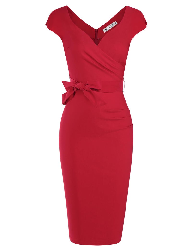 MUXXN Women's Ladies Classic Faux Wrap V Neck Midi Cap Sleeve Pencil Work Office Dress Red S - Image 3