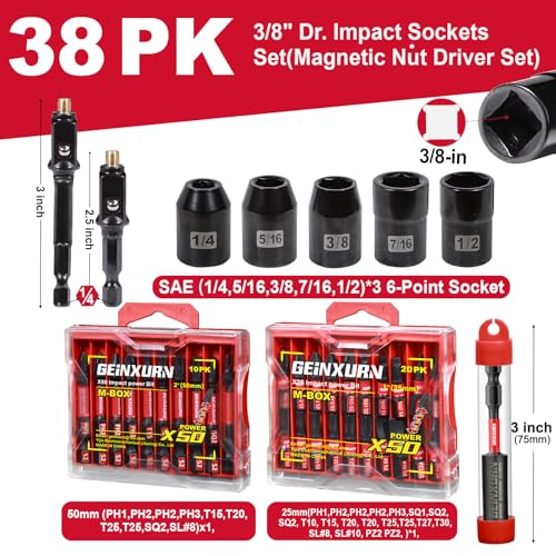 Geinxurn Magnetic Nut Driver Set 38 Pieces Impact S2 Steel Driver Bit Set 38 Drive Socket Set6 Point Magnetic Socket Drive Adapter MultiScrewdriver Bit Set with Bit Holder - Image 3