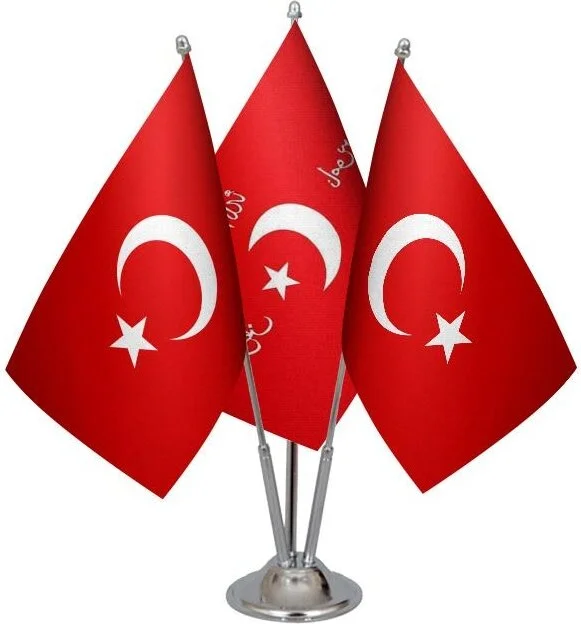 ساترنديزاين Desktop Union and Progress Flag Turkish Flag Triple Chrome Pole Table Flag Set