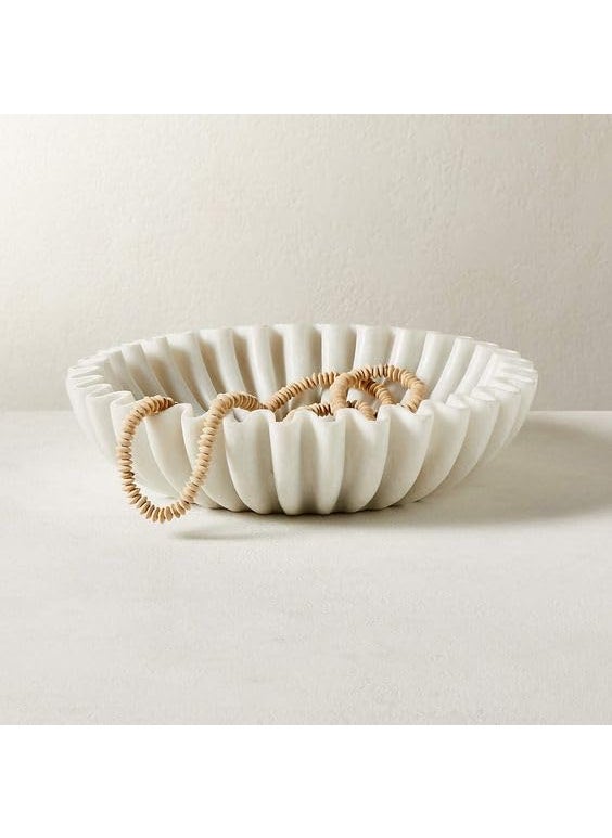 R&M - 12-Inch Marble Decorative Bowl | Wedding Flower Decor, Spa Aromatherapy Candle Holder | Marble Urli for Flower Arrangements, DIY Craft Projects & Garden Decor | LED Votive Candle Holder | White - Image 1