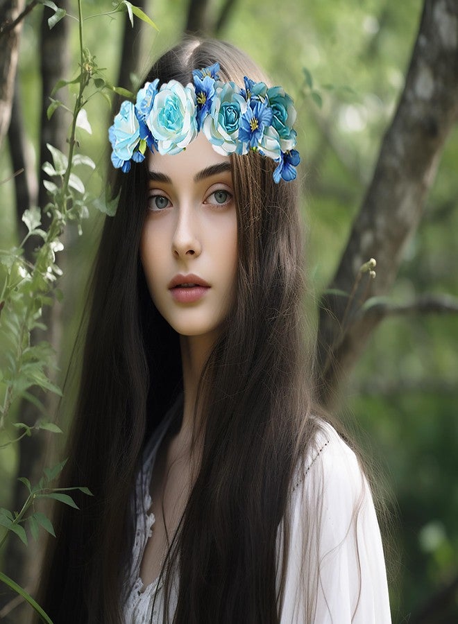 LLinfflr Floral Garland Crown Boho Flower Headband Hair Wreath Floral Halo Headpiece with Ribbon Wedding Party Blue - Image 2