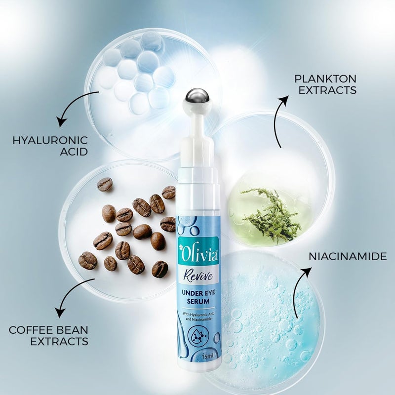 Olivia Revive Under Eye Serum with Hyaluronic Acid Niacinamide Plankton Extracts and Coffee Been Extract  Reduces Dark Circle Fine Lines and Wrinkle  15ml - Image 3