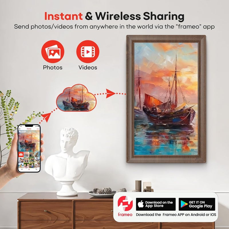 Digital Picture Frame, 15.6-inch Display, 64GB Storage, Frameo App, Deep Wood Finish - Image 2