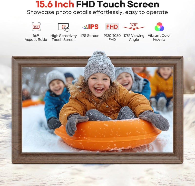 Digital Picture Frame, 15.6-inch Display, 64GB Storage, Frameo App, Deep Wood Finish - Image 4