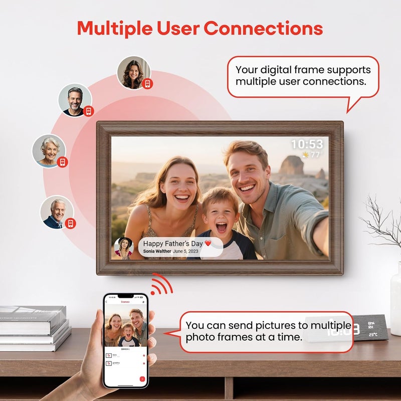 Digital Picture Frame, 15.6-inch Display, 64GB Storage, Frameo App, Deep Wood Finish - Image 5