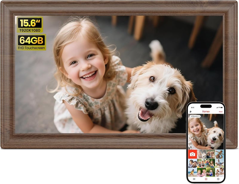 Digital Picture Frame, 15.6-inch Display, 64GB Storage, Frameo App, Deep Wood Finish - Image 1