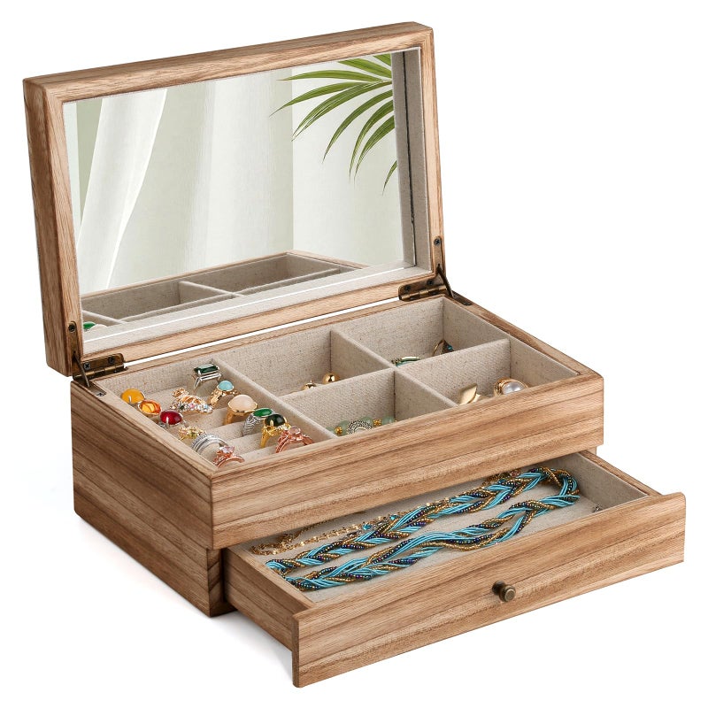 Meangood Jewelry Box Organizer for Women 2 Layer Large Jewelry Storage Case Rustic Wooden Jewelry Box with Mirror Ring Tray for Necklace Earring Bracelets Rings Vintage Style Torched Wood