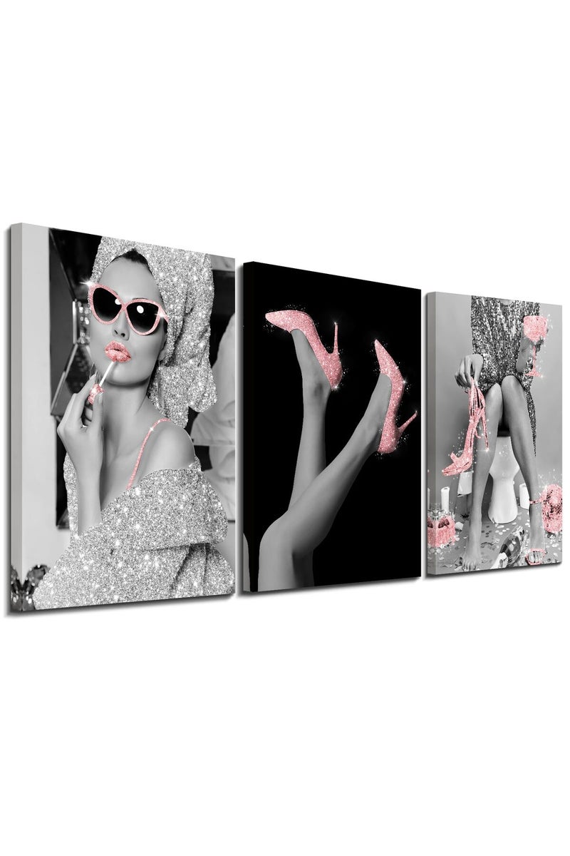 calmart Fashion Wall Art Bathroom Pink Wall Decor, Modern Women Picture Photos Glittering Dress Canvas Wall Art, Pink Glam Glitter Canvas Posters, Funny Bathroom Artwork