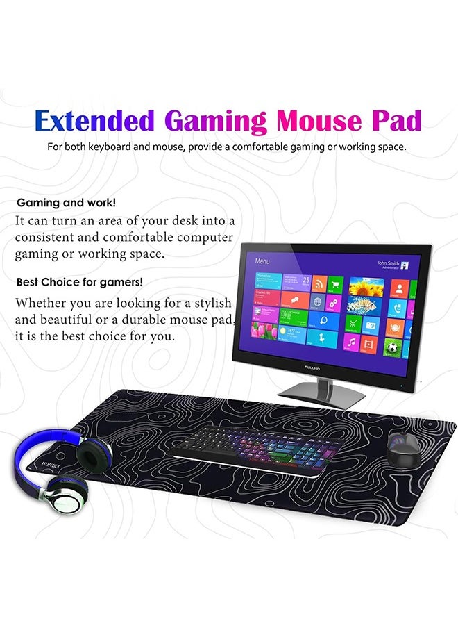 Miya - Topographic Contour Large Gaming Mouse Pad With Stitched Edges Extended Mousepad With Superior Cloth Surface Non-Slip Rubber Base, Water Resist Keyboard Pad Black And White - Image 1