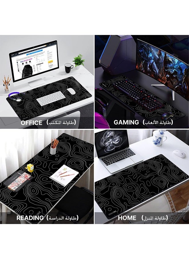 Miya - Topographic Contour Large Gaming Mouse Pad With Stitched Edges Extended Mousepad With Superior Cloth Surface Non-Slip Rubber Base, Water Resist Keyboard Pad Black And White - Image 1
