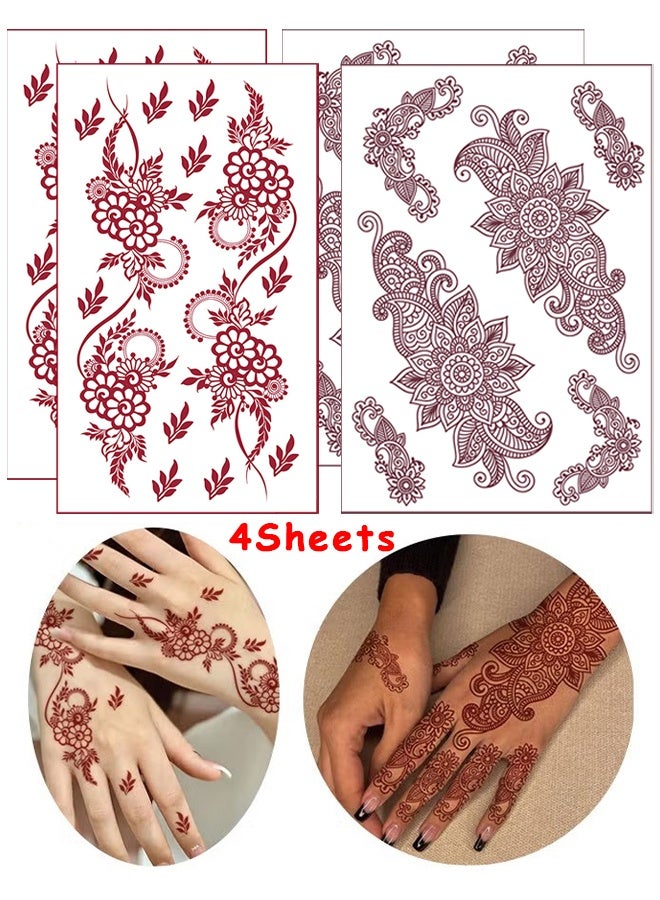 Depend 4 Sheets Red And Brown Henna Tattoo Kit Lace Fake Tattoos Semi Permanent Waterproof Stickers For Women Wedding Party Festival Bridal Shower Bachelorette Night Beach Vacation Daily Wear Tattoos Decorations - Image 1