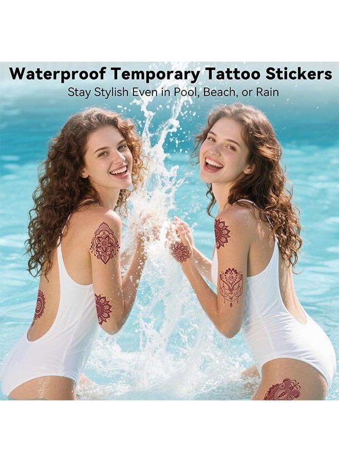 Depend 4 Sheets Red And Brown Henna Tattoo Kit Lace Fake Tattoos Semi Permanent Waterproof Stickers For Women Wedding Party Festival Bridal Shower Bachelorette Night Beach Vacation Daily Wear Tattoos Decorations - Image 3