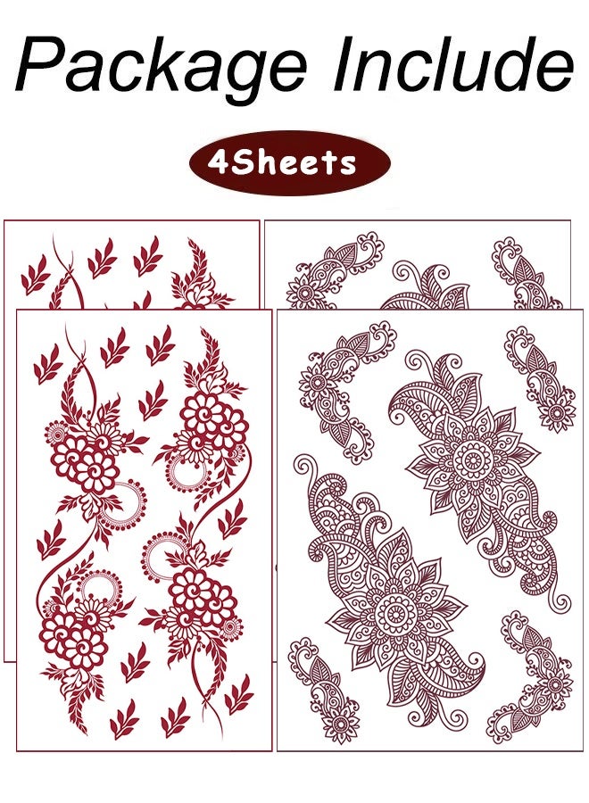 Depend 4 Sheets Red And Brown Henna Tattoo Kit Lace Fake Tattoos Semi Permanent Waterproof Stickers For Women Wedding Party Festival Bridal Shower Bachelorette Night Beach Vacation Daily Wear Tattoos Decorations - Image 2